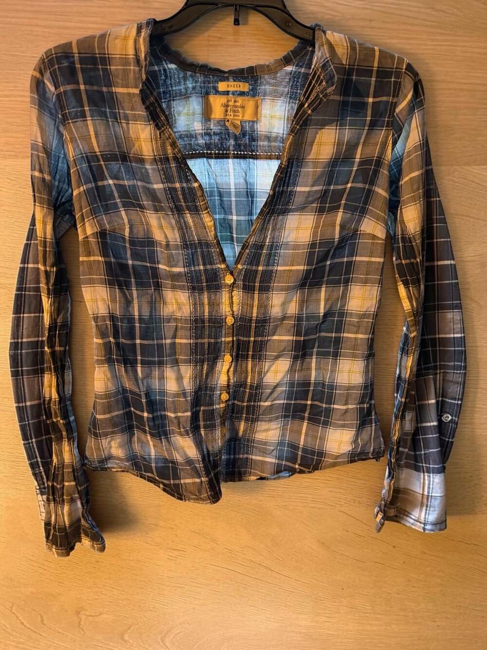 Abercrombie & Fitch Women's Sheer Plaid Button Down Long Sleeve Top Blue Size M